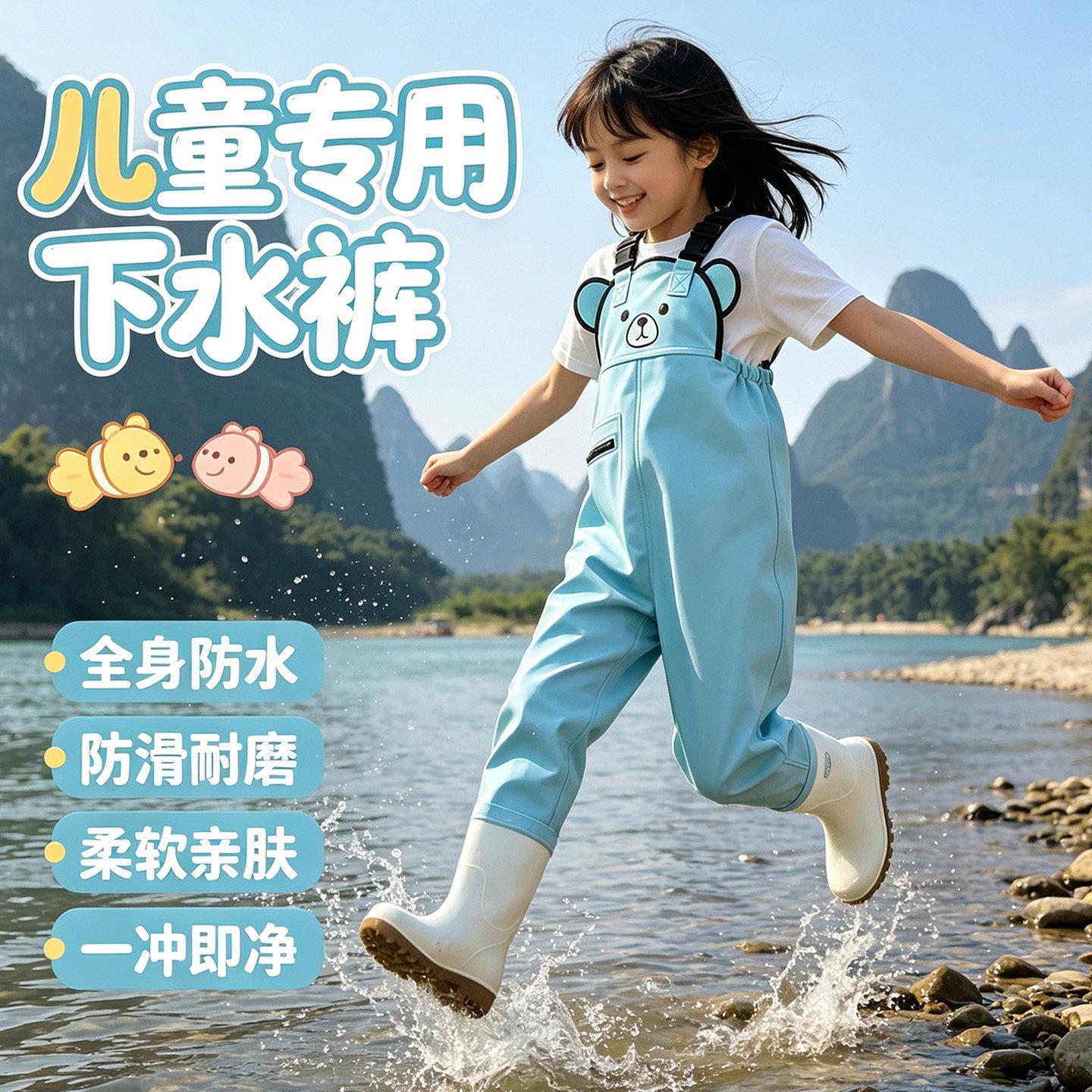 儿童赶海连体裤防水玩水连体衣赶海装备涉水服雨靴一体下水裤沙滩