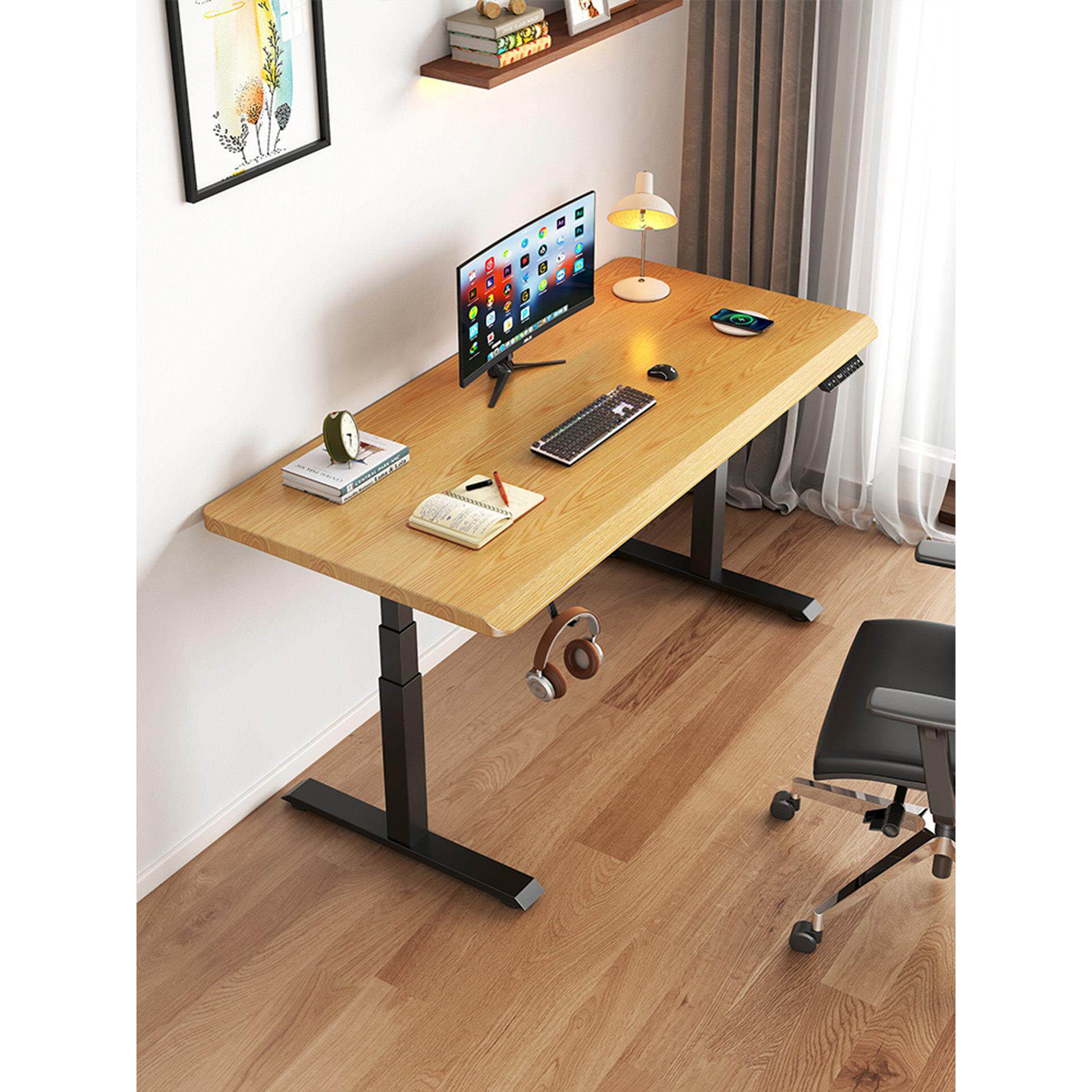 实木胡桃木电动升降桌电脑桌家用办公学习桌书桌白蜡木升降电竞桌