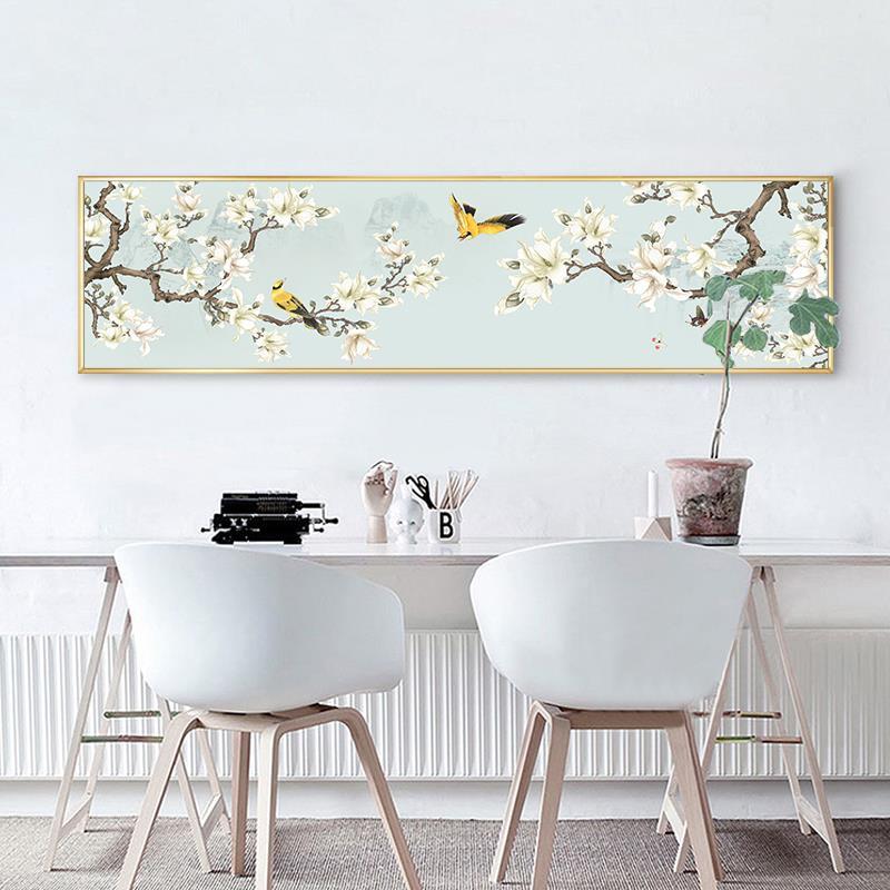 新中式手绘花鸟装饰画卧室背景墙装饰挂画床头墙上装饰创意长壁画图片