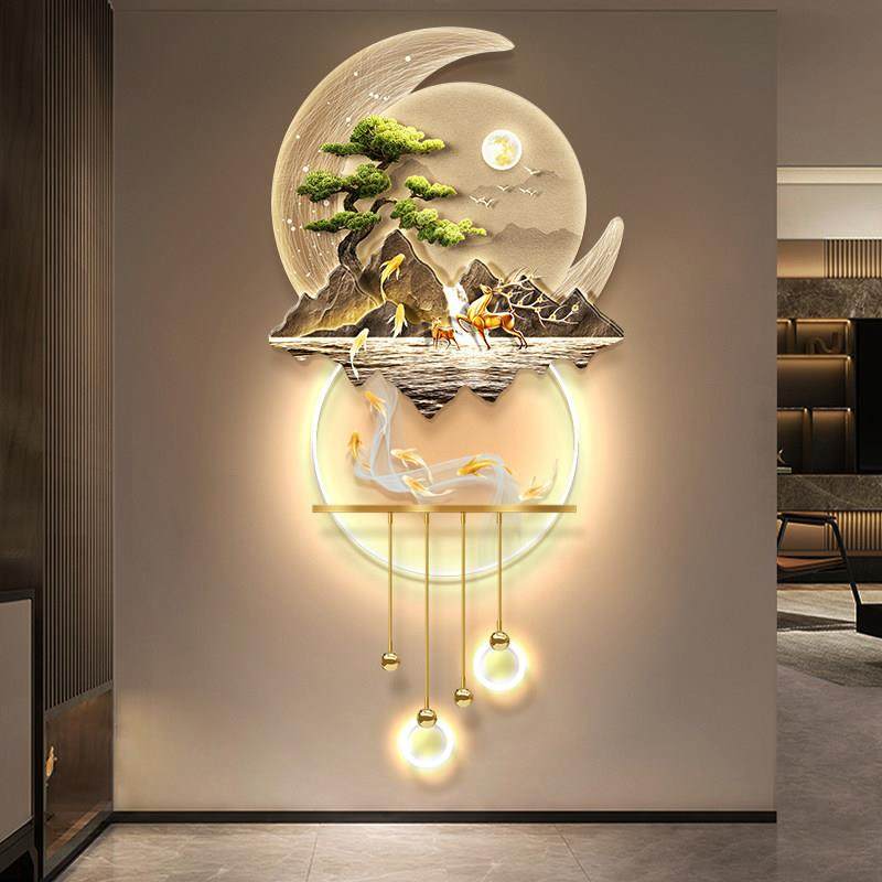 迎客松新中式玄关发光装饰画山水LED灯光挂画立体人体感应壁画灯