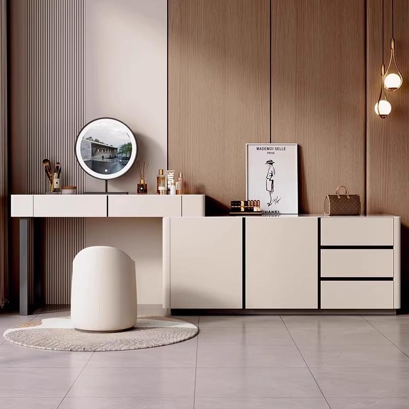 马鞍皮化妆台斗柜一体轻奢高级感卧室实木岩板化妆桌2025款化妆台