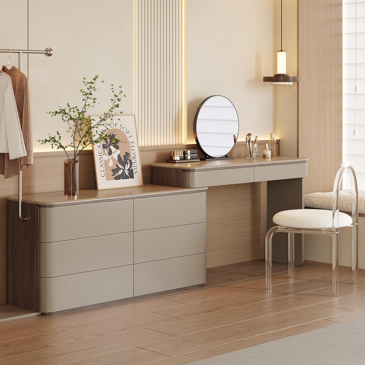 实木意式极简梳妆台斗柜一体卧室简约现代2025新款床尾化妆桌台椅