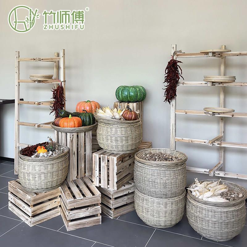 老式家用手工竹编箩筐圆形竹簸箕晾晒筐农家多层折叠三脚木质架子