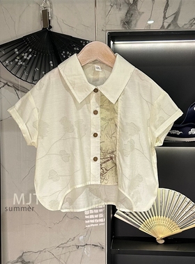【幂姐F】【竹叶翩翩】儿童夏古风汉服短袖上衣唐装开衫衬衫37198