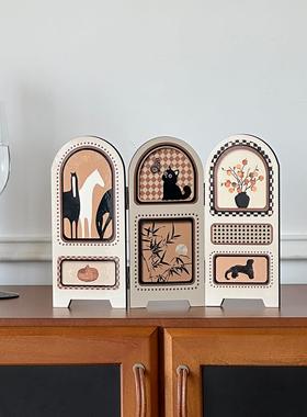 法式复古屏风装饰摆件中古新款桌面摆画高级感小众创意电视柜摆设