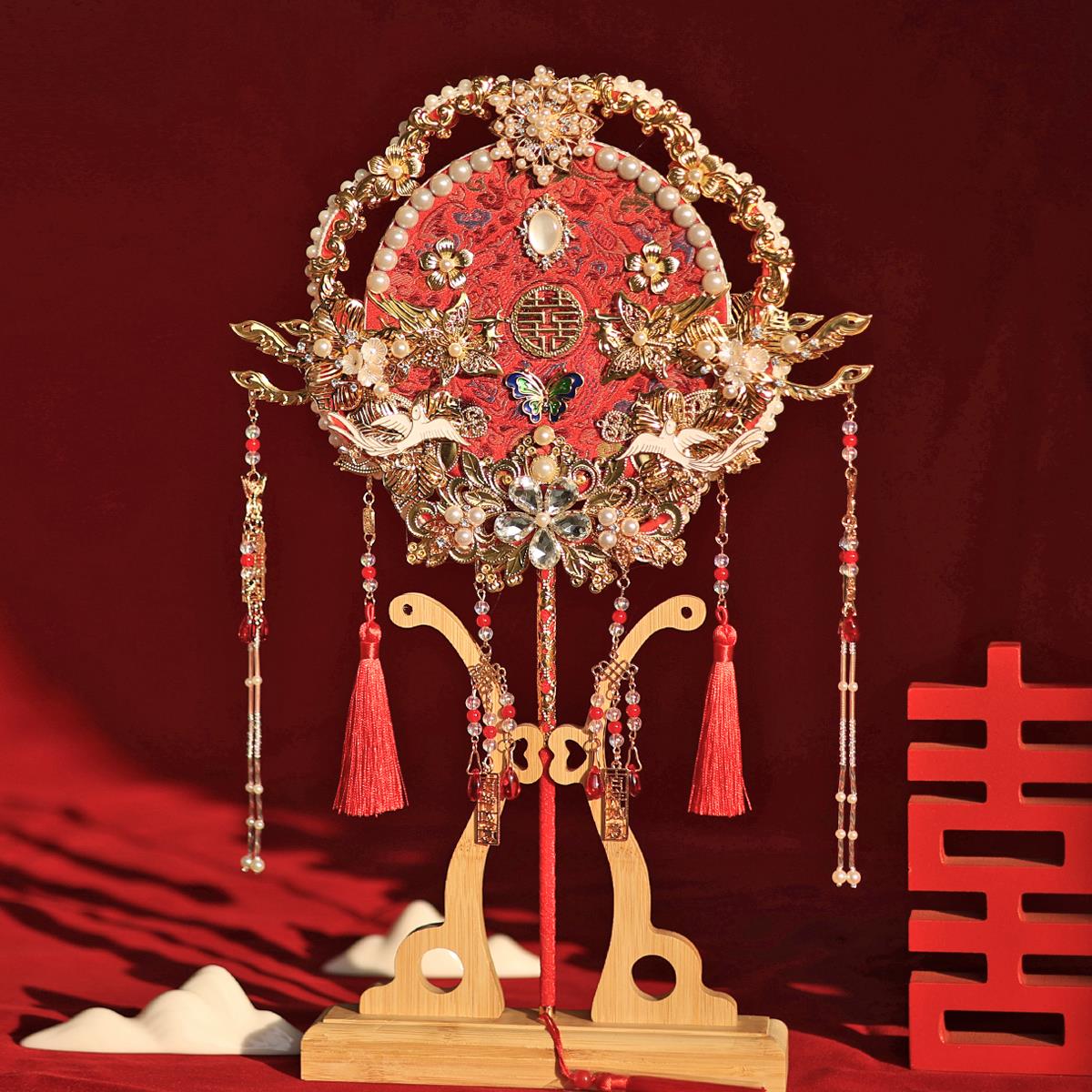 双面团扇新娘结婚礼秀禾喜扇diy材料包结婚送礼手工高级扇子成品