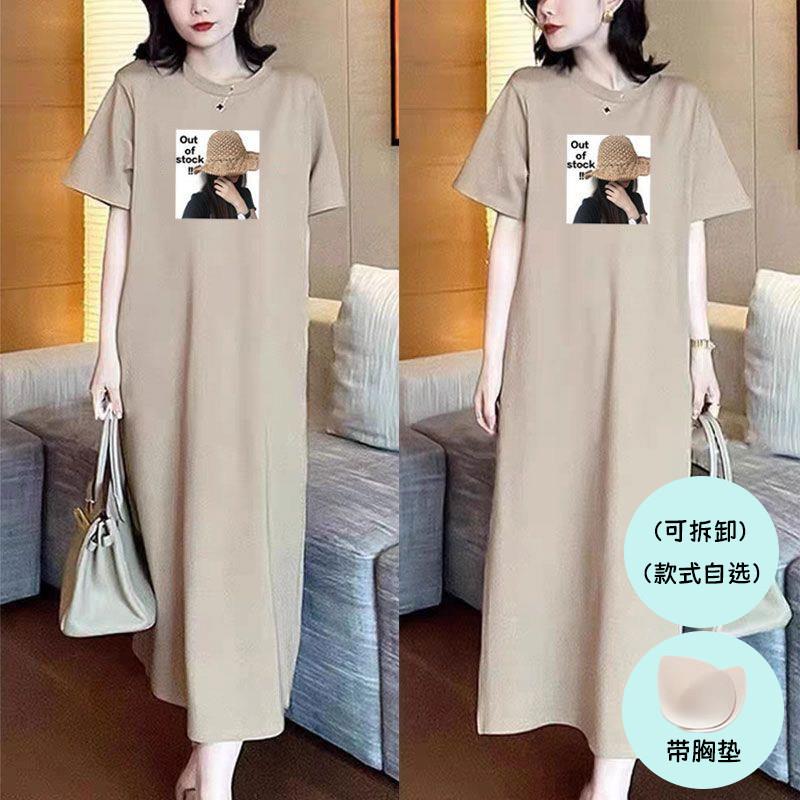 带胸垫夏季韩版睡衣女宽松200斤长款过膝睡裙女外穿懒人裙长裙