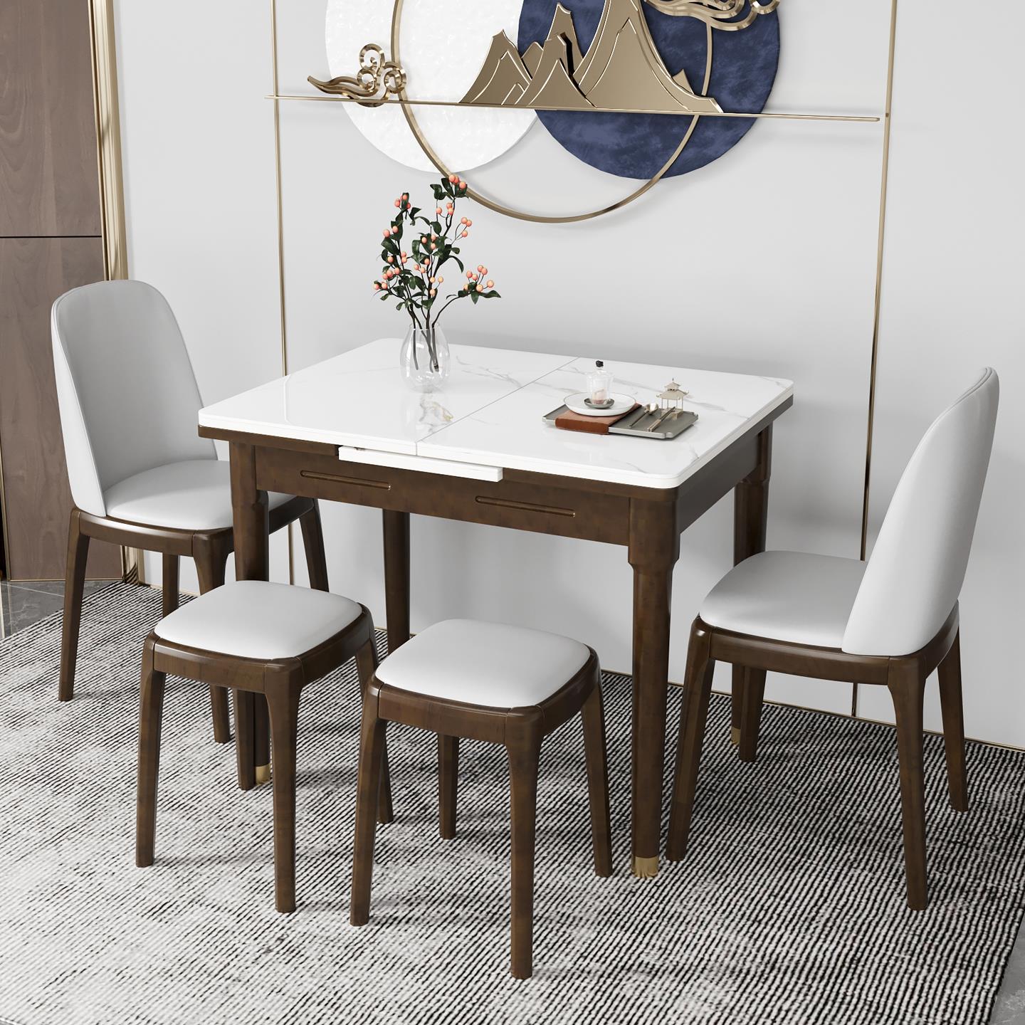 新中式岩板实木伸缩桌小户型现代简约多功能可折叠餐桌家用省空间