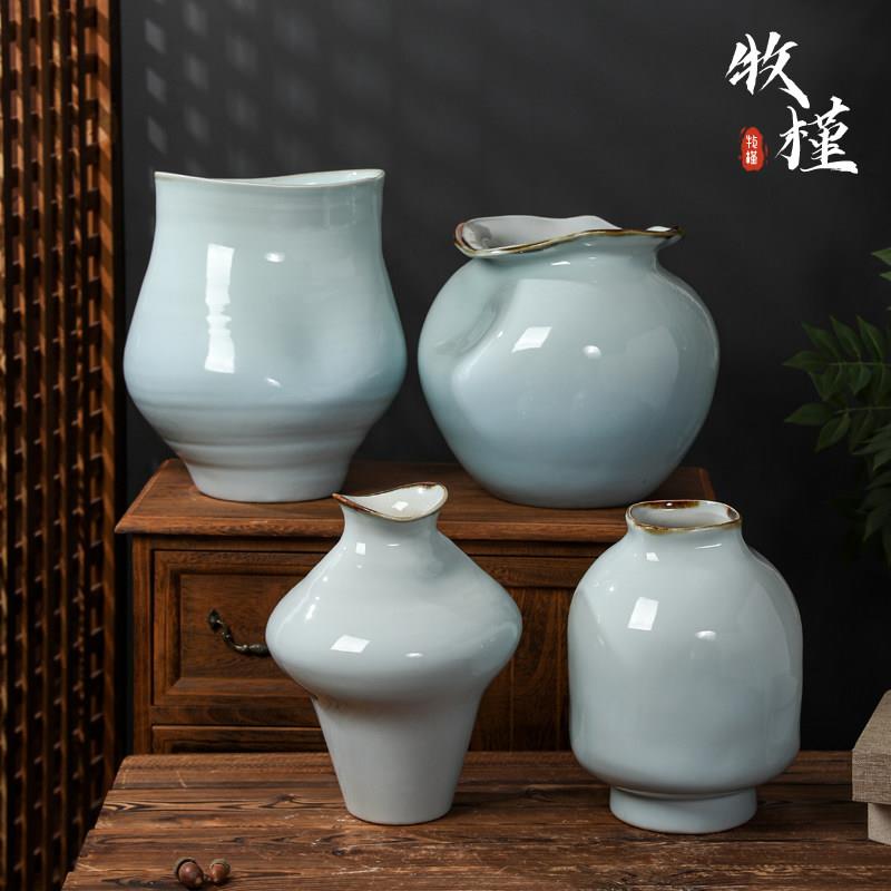 景德镇陶瓷花瓶龙泉青瓷花器天青色客厅插花干花装饰摆件陶罐花盆
