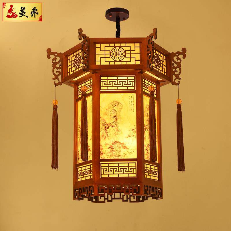 中式仿古宫廷吊灯实木中国风六角宫灯寺庙走廊过道火锅店餐饮灯笼