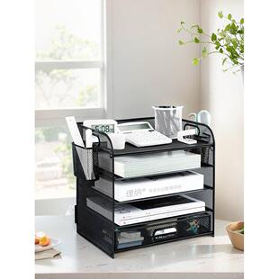 金属文件架五层带抽屉双笔架A4文件架信息篮多功能桌面组合存储