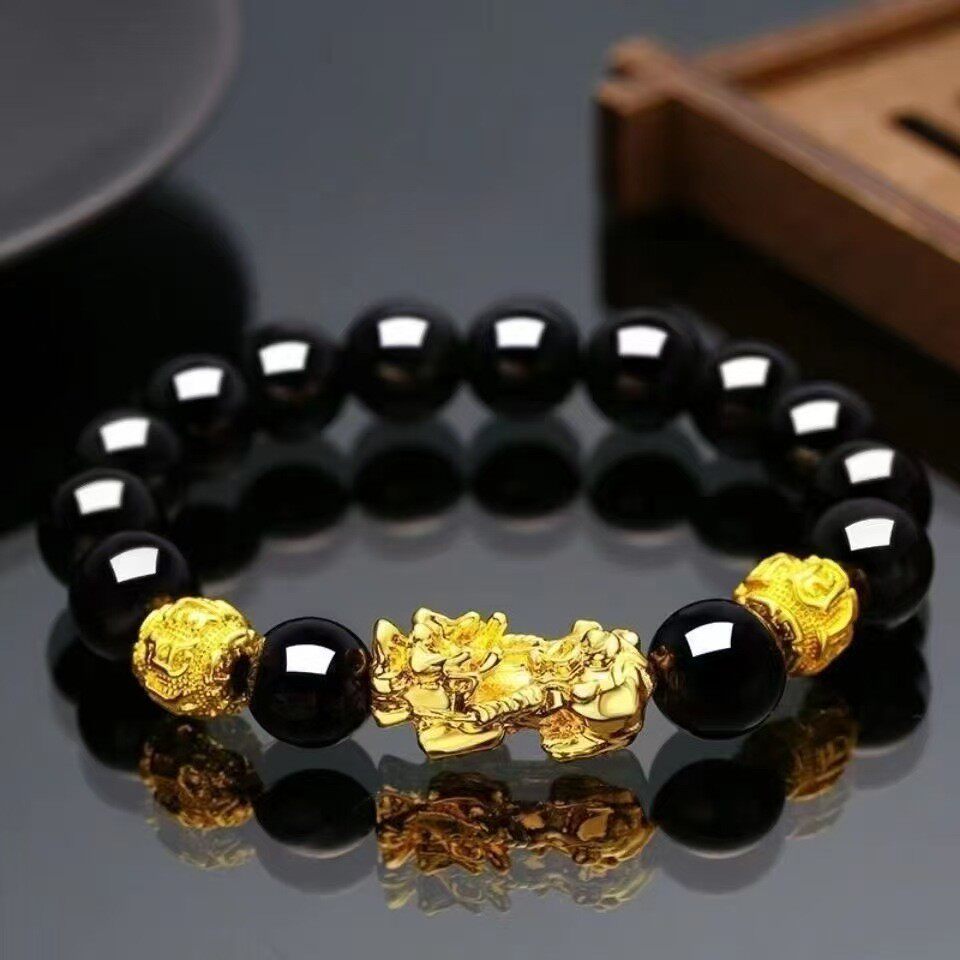 金色貔貅手链男仿3D硬金99黑曜石招财佛珠手链现货天然手链