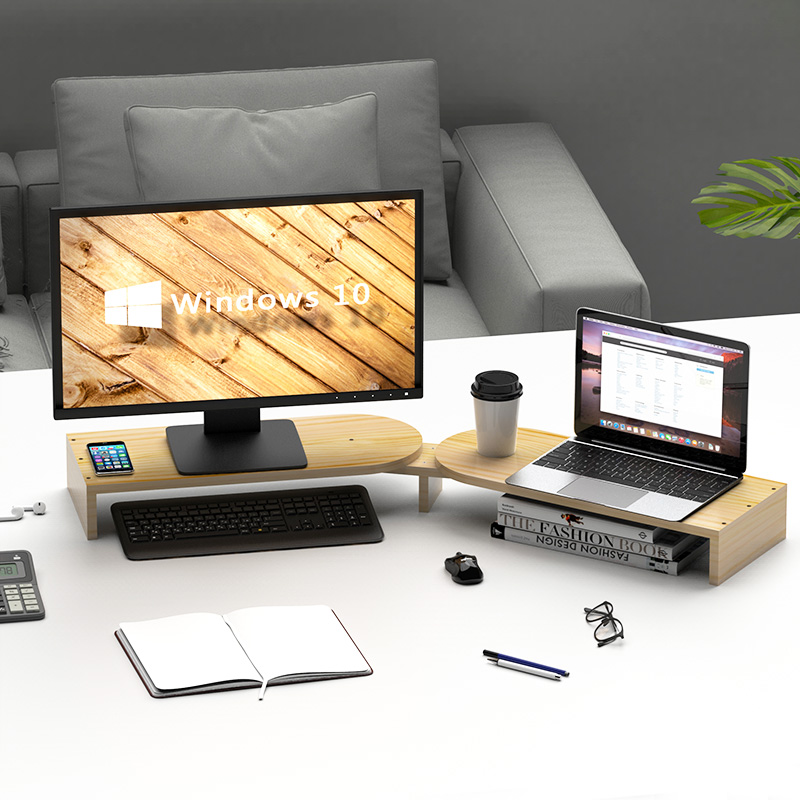 热销实木双屏液晶显示器支架 桌面电脑增高架底座办公室收纳台式