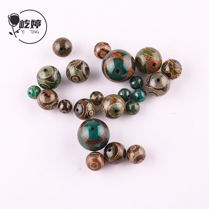 绿玛瑙三眼圆珠 复古天珠玛瑙吊坠项链锁骨链DIY吊坠西藏老矿原石