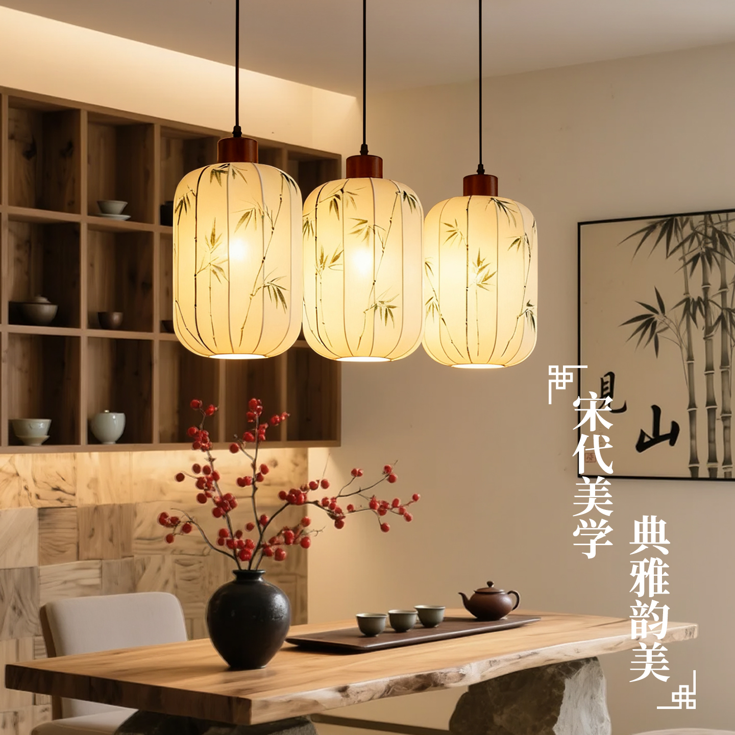 宋式美学餐厅吊灯新中式国风复古禅意灯笼宫灯客厅入户装饰吊线灯