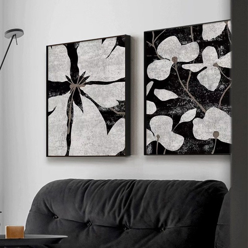 热销简约现代小众黑白壁画植物卧室玄关装饰画艺术花卉样板间客厅图片