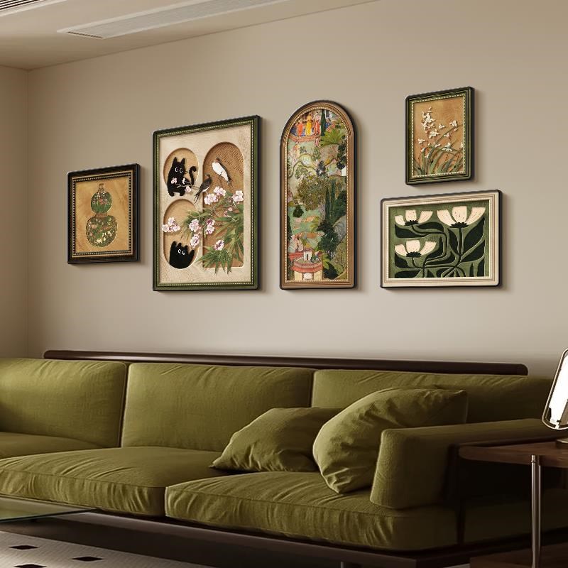 热销客厅法式中古风装饰画猫咪小众艺术组合画复古沙发背景墙美式图片