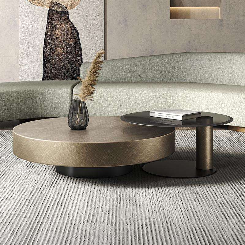 意式轻奢极简现代设计师小户型圆形不锈钢茶几钢化玻璃岩板边几