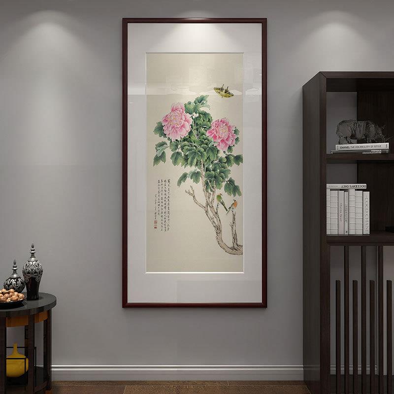 新中式入户玄关装饰画富贵牡丹走廊过道招财墙壁画楼梯间花鸟挂画图片