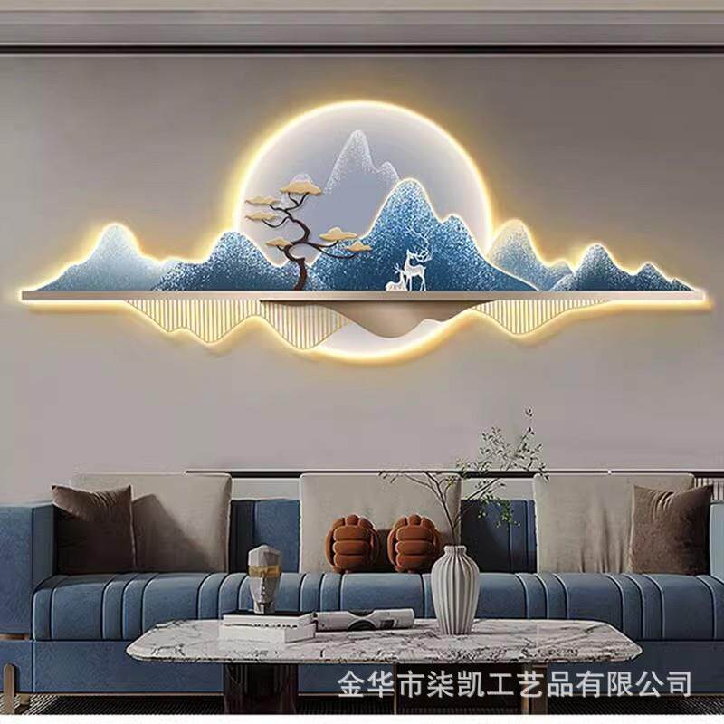 现代轻奢客厅装饰画背有靠山高级感LED发光灯画墙画山水麋鹿挂画