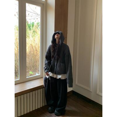 198布丁 美式覆古麻花连帽毛衣女秋冬新款慵懒风宽松针织开衫外套