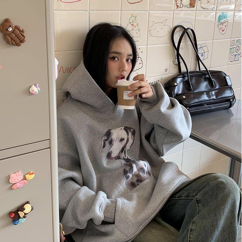 明星同款斑点狗狗印花连帽卫衣女套头秋冬外套宽松慵懒灰色帽衫