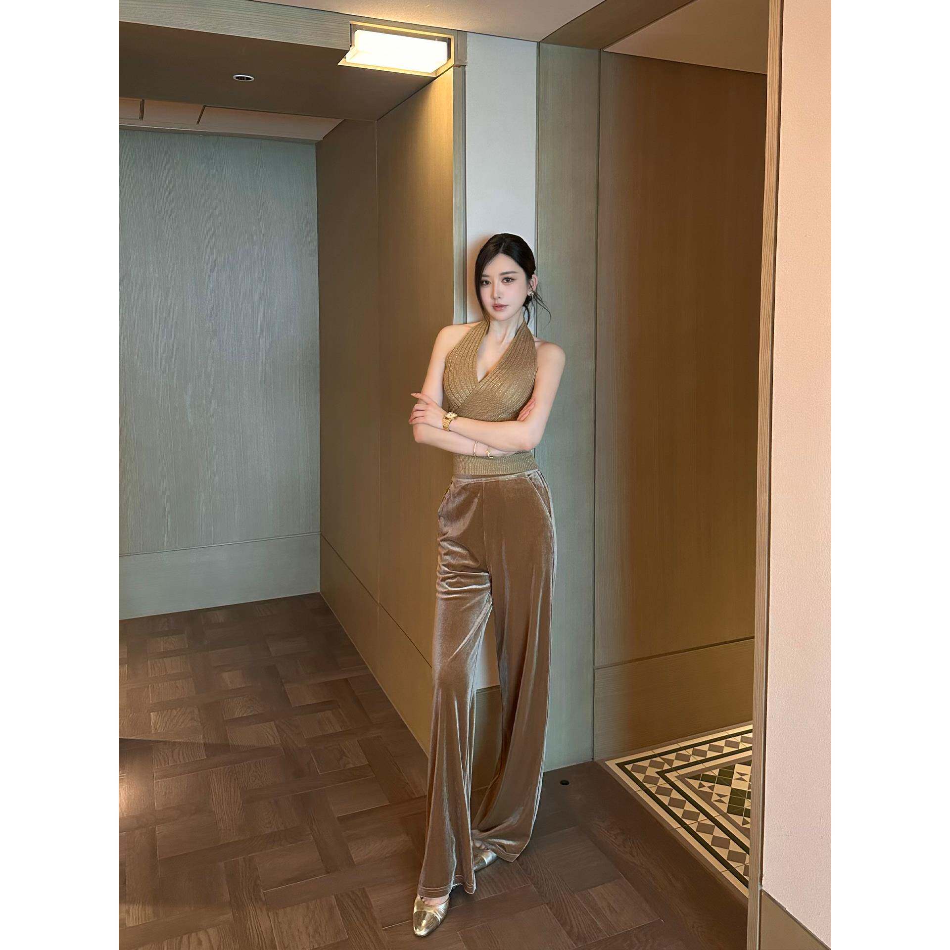 SX善喜3色高腰垂感丝绒阔腿裤宽松显瘦直筒裤简约百搭休闲裤子女