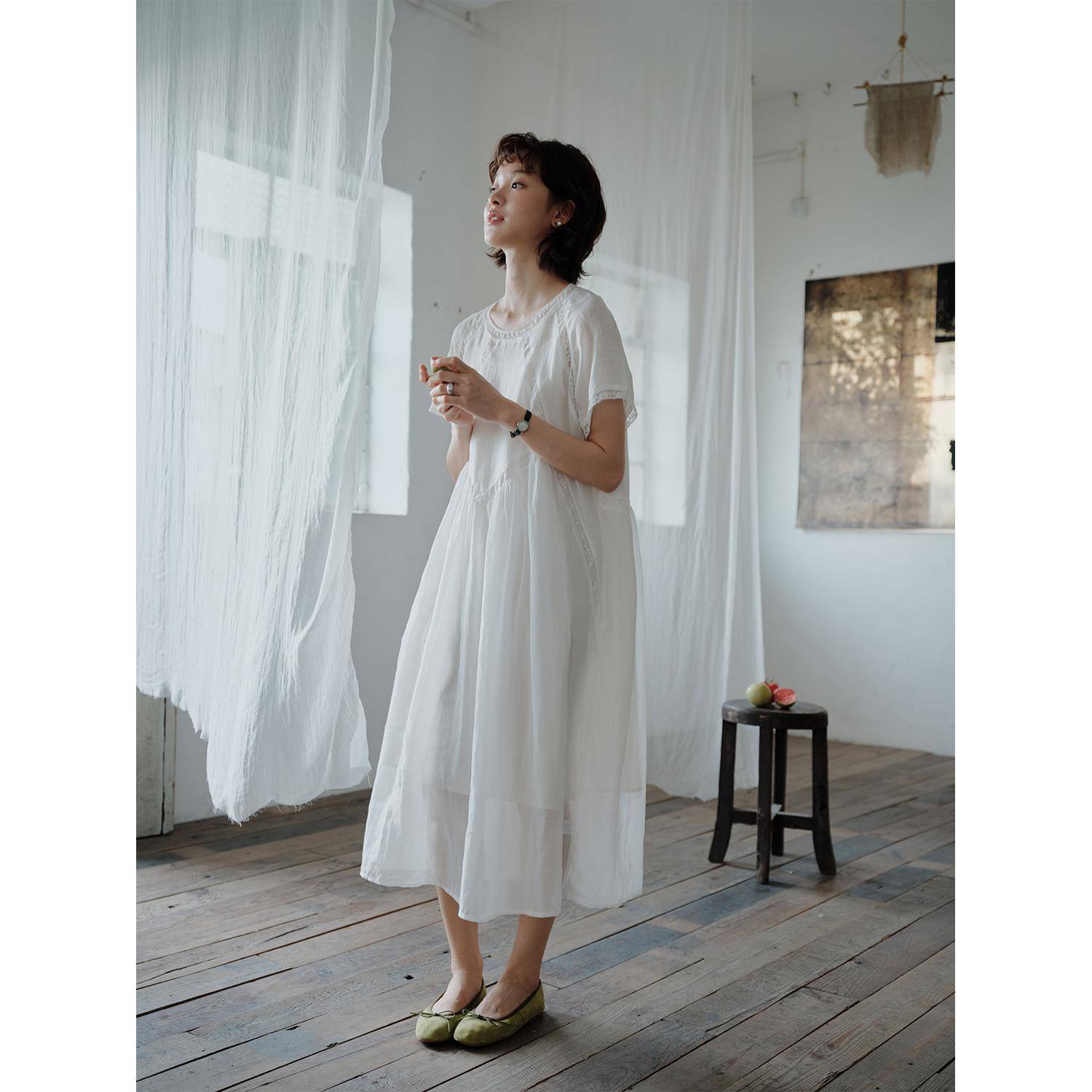 说与山听「简爱」纯苎麻清透连衣裙/重工古董蕾丝裙/日系女夏6854
