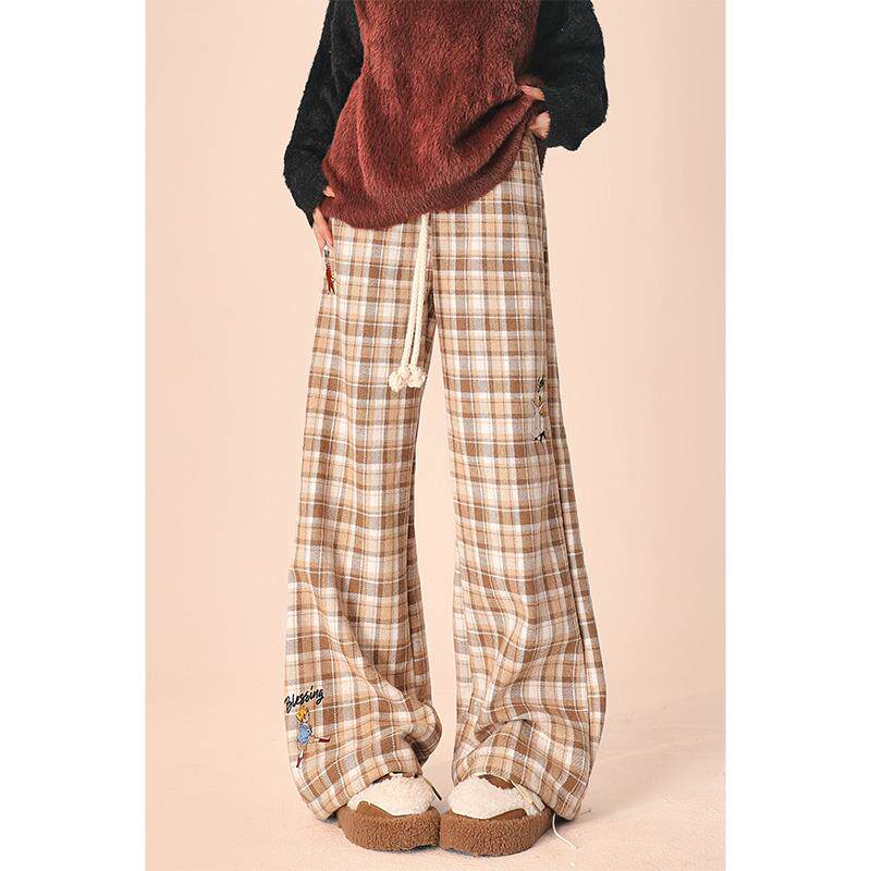 自然涩棕色格子休闲裤女2025夏季新款小个子阔腿裤子宽松bf慵懒风