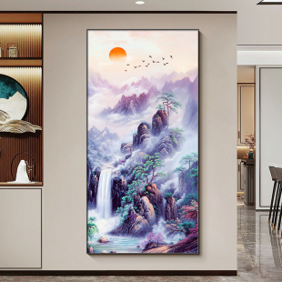 紫气东来玄关画新中式客厅东墙装饰画走廊过道挂画源远流长山水画
