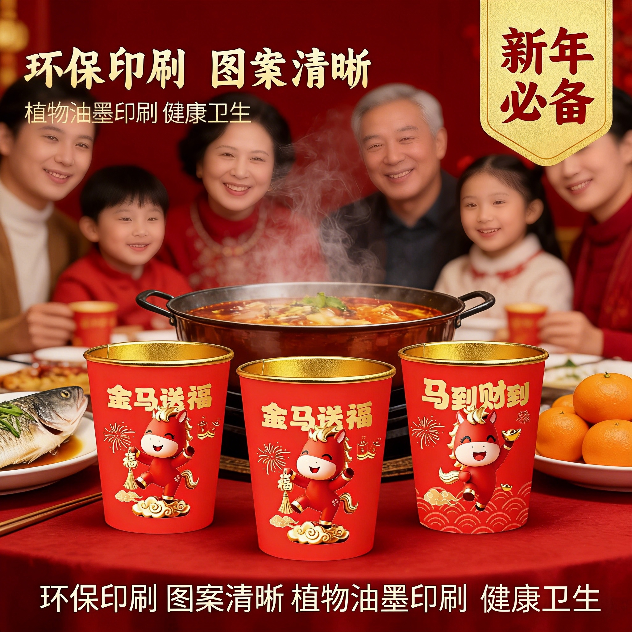 金马送福一次性纸杯家用加厚红色敬茶杯新年喜庆环保印刷
