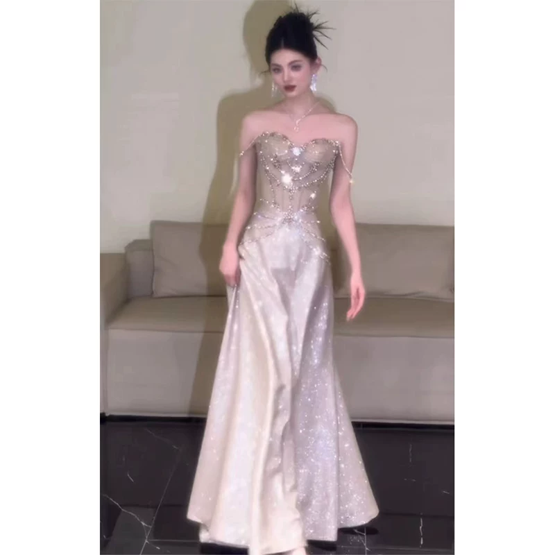 Flash Diamond Dress Heavy Works Luxury Dinner Celebration Light Luxury Black Flash Host Host Equipping Skirt and Broken Bride