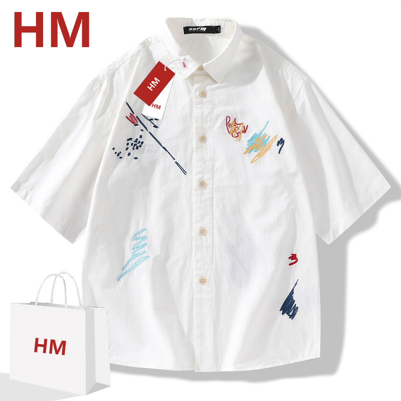 HM短袖衬衫男夏季新款百搭情侣装外套纯棉刺绣衬衫