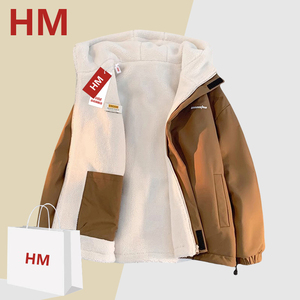 HM运动旗舰店2024新款冬季保暖防风百搭两面穿情侣款连帽棉衣外套