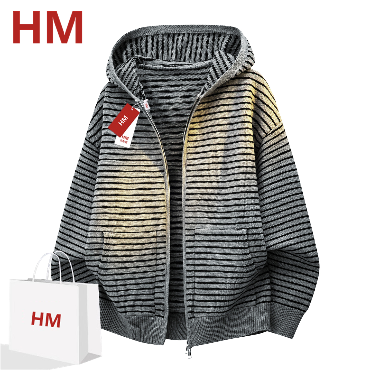 HM2025新款秋冬季条纹连帽针织开衫男宽松休闲百搭毛衣外套