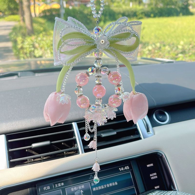 郁金香蝴蝶结汽车挂件水晶车载后视镜铃兰花吊坠小仙女车用装饰品