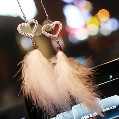 爱心羽毛车内镶钻情侣心形车挂饰