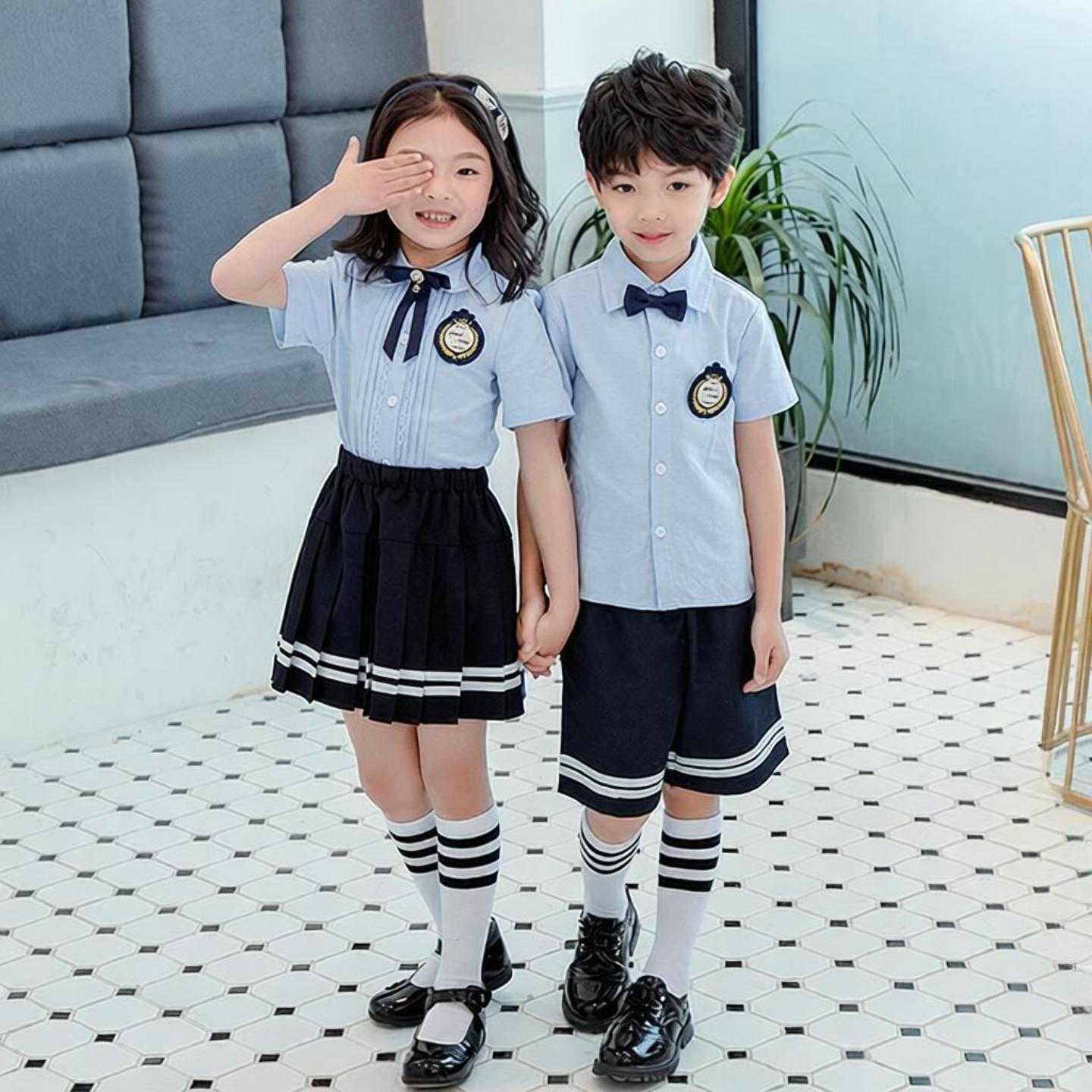 幼儿园园服夏装新款短袖衬衣套装