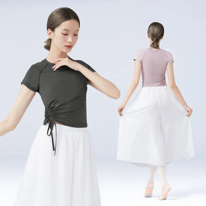 夏季舞蹈服女成人短袖圆领抽绳