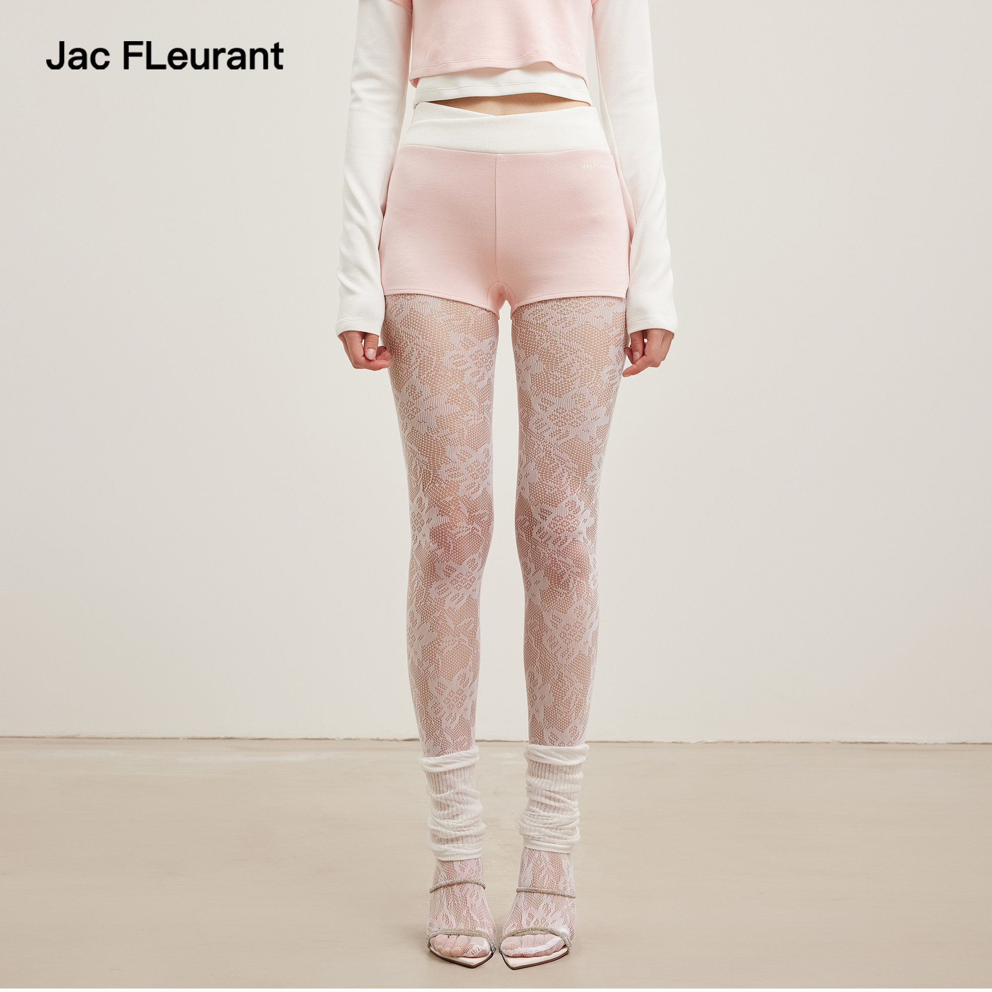 JAC FLEURANT2026春夏新款白粉拼色短裤女高腰松紧腰时尚修身