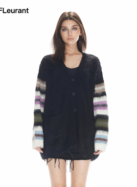 JAC FLEURANT秋冬新款彩色条纹袖V领毛衣慵懒风针织开衫厚