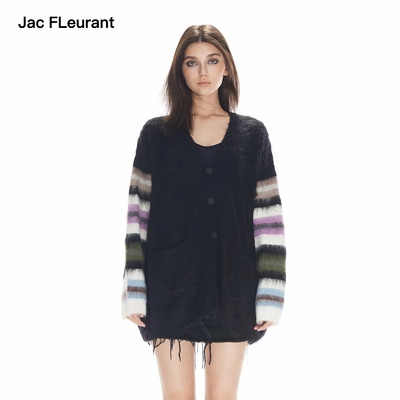 JAC FLEURANT秋冬新款彩色条纹袖V领毛衣慵懒风针织开衫厚