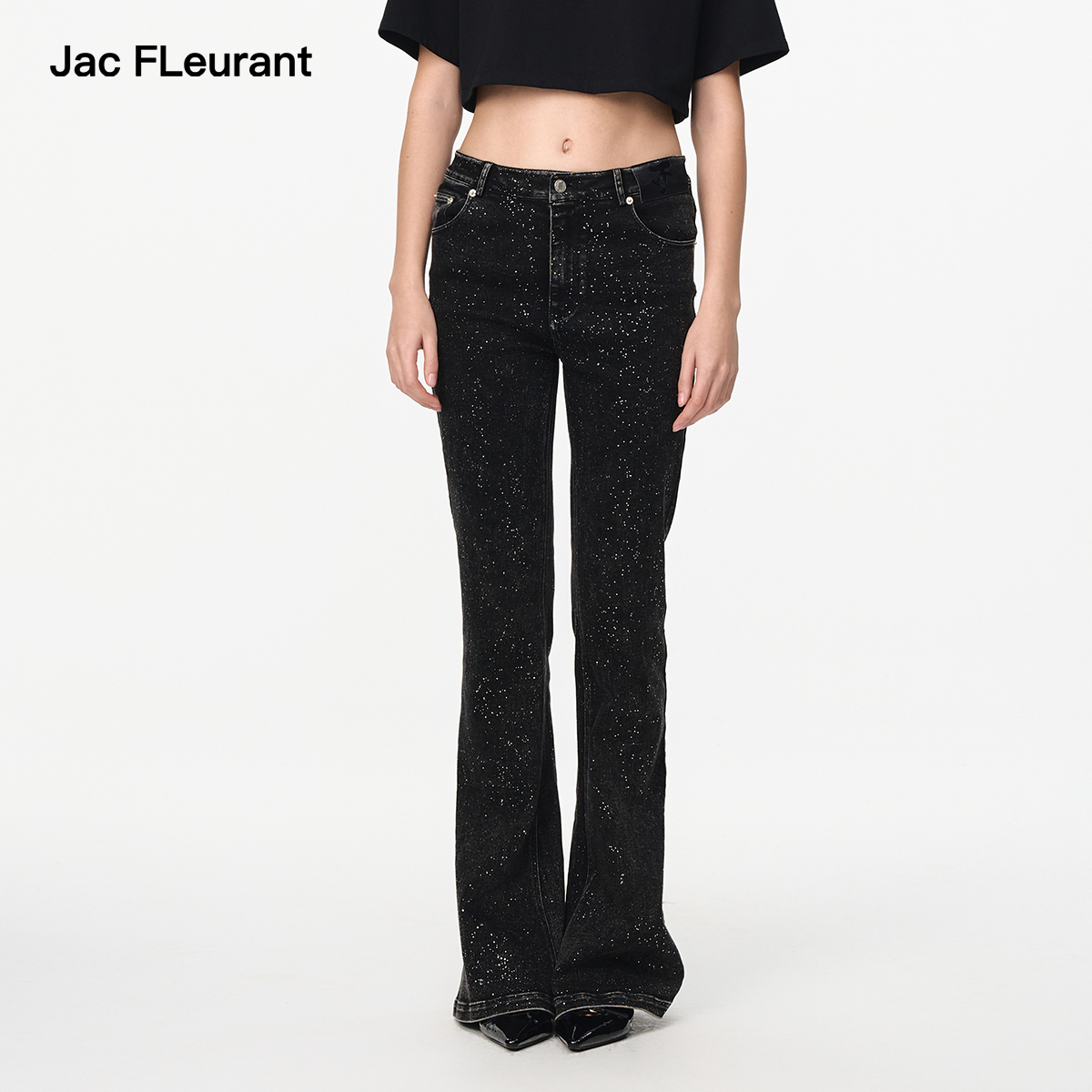 JAC FLEURANT2025秋季新品黑色闪粉高腰水洗牛仔微喇马蹄裤
