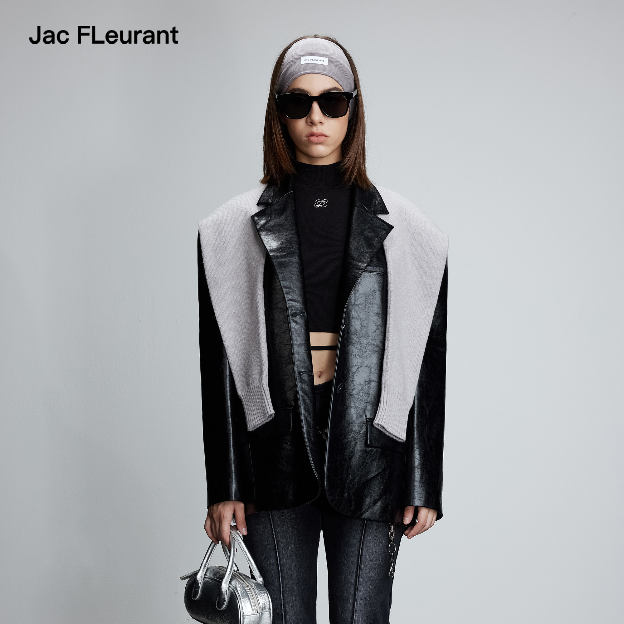 JAC FLEURANT秋冬新款针织pu皮西服女时尚百搭外套