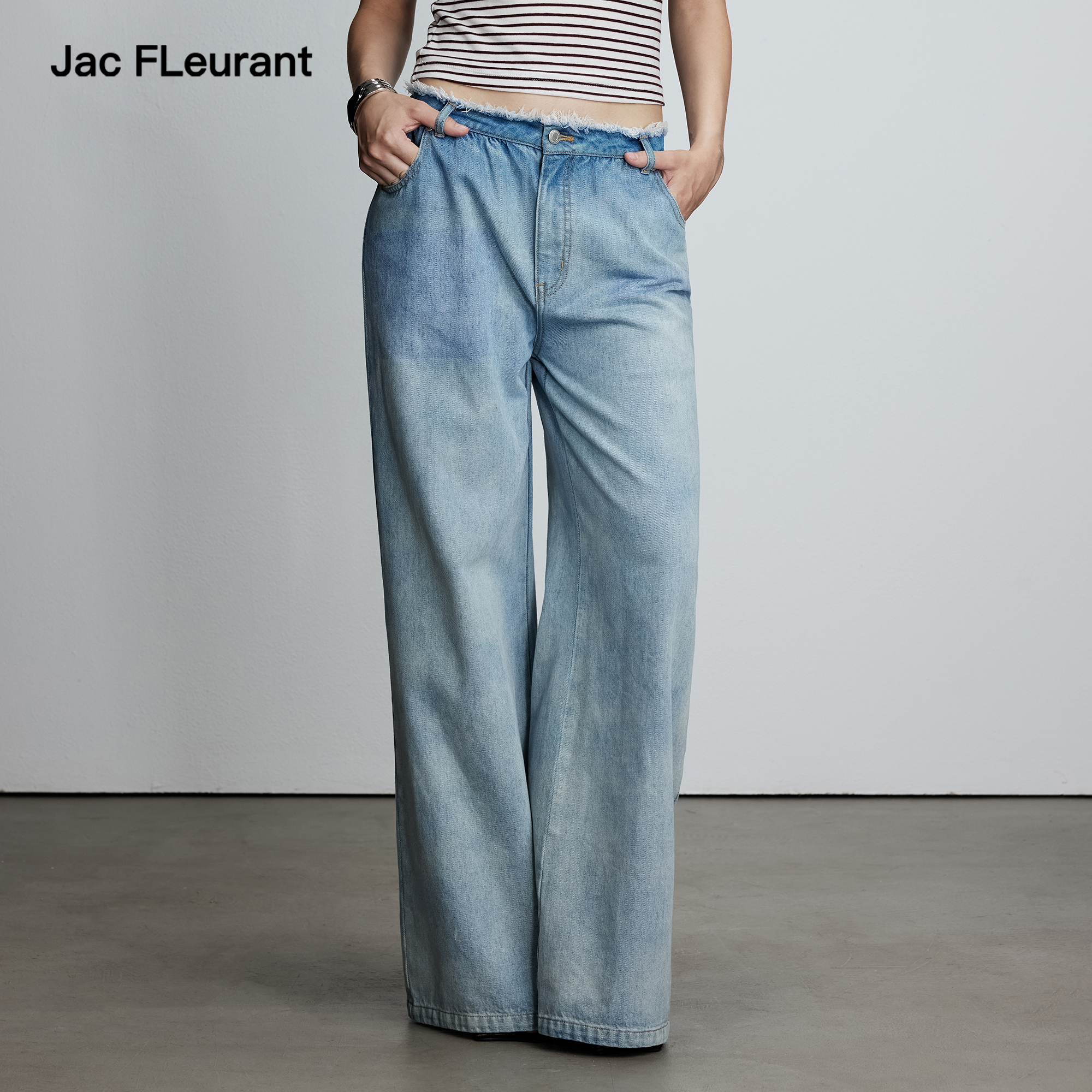 JAC FLEURANT2025春夏新品蓝色水洗腰头毛边阔腿牛仔裤时尚女裤