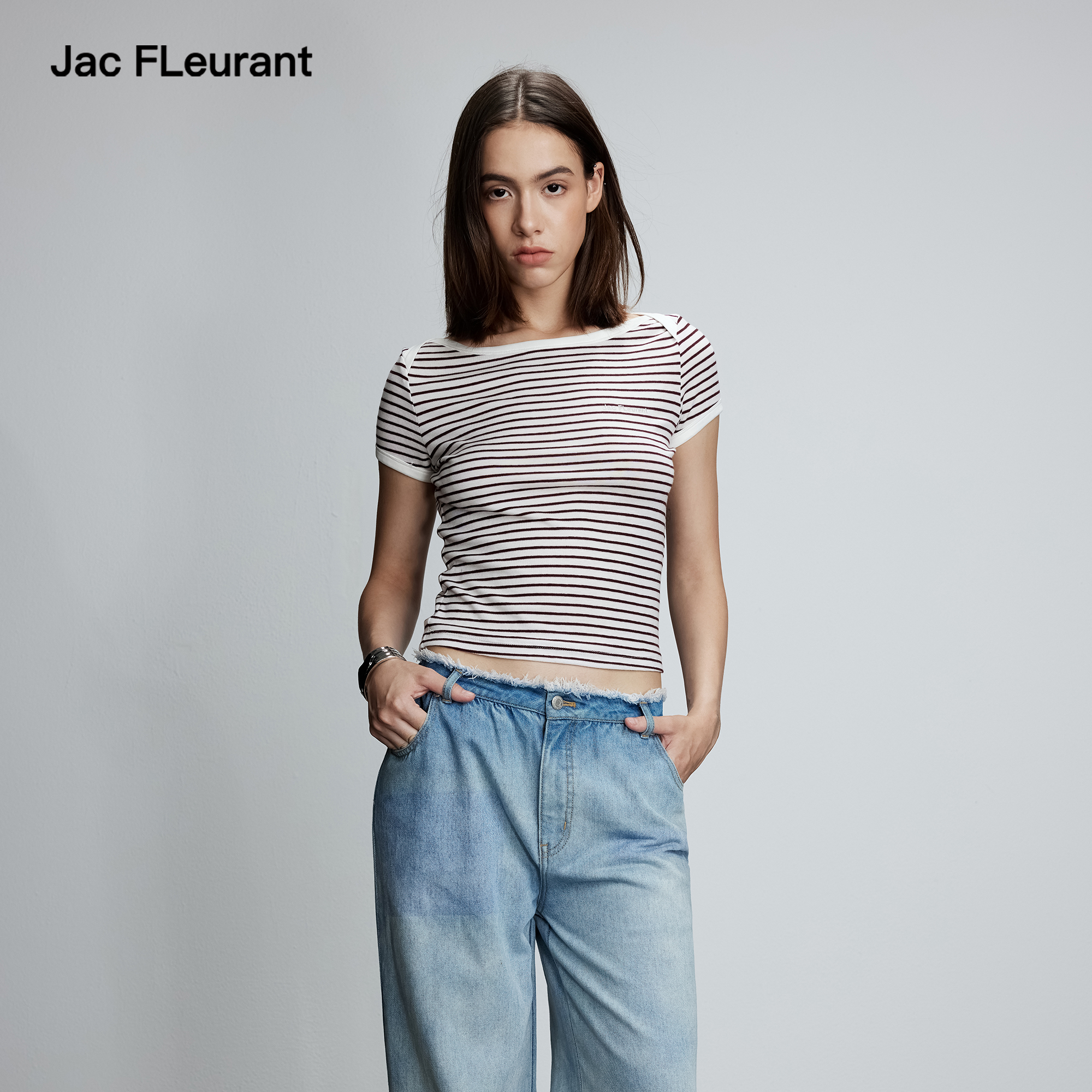JAC FLEURANT2025春夏新品条纹拼接一字领T恤上衣短袖百搭时尚