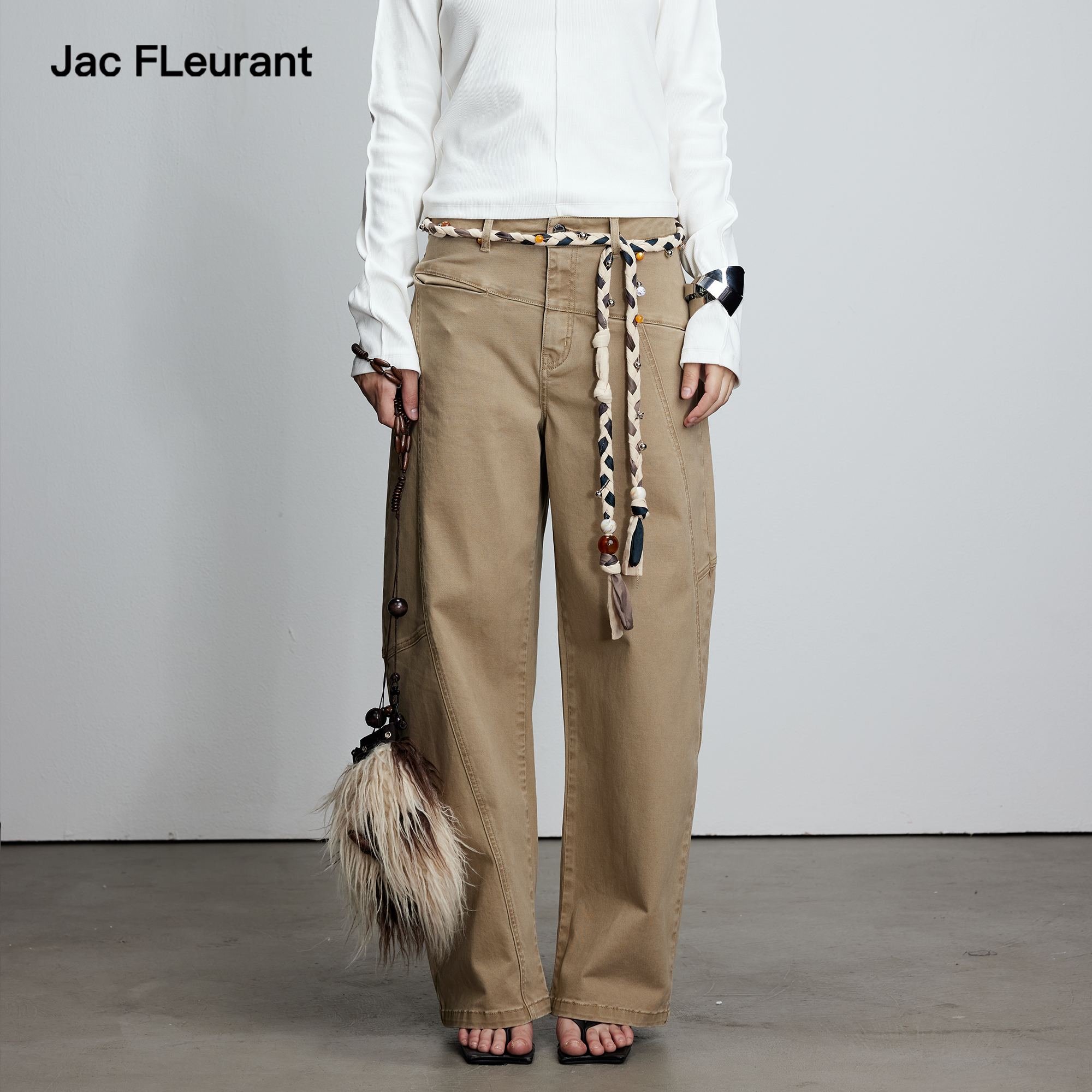 JAC FLEURANT2025秋冬新品不对称分割卡其弯刀裤宽松垂感休闲裤