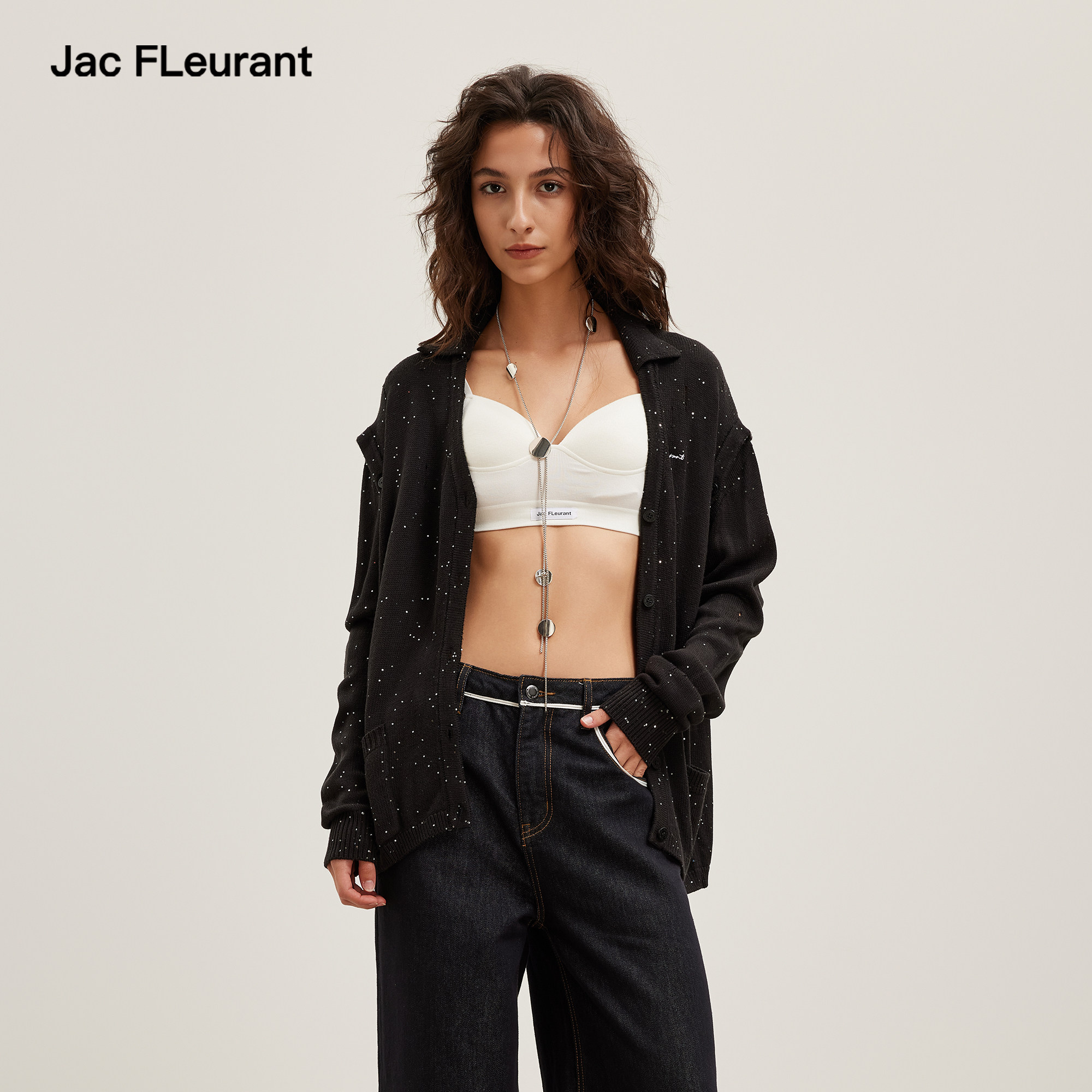 JAC FLEURANT2026春夏新品袖口可拆卸两穿黑色亮片针织开衫女士