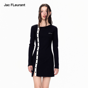 显瘦 不对称纽扣百搭连衣裙修身 JAC FLEURANT新款