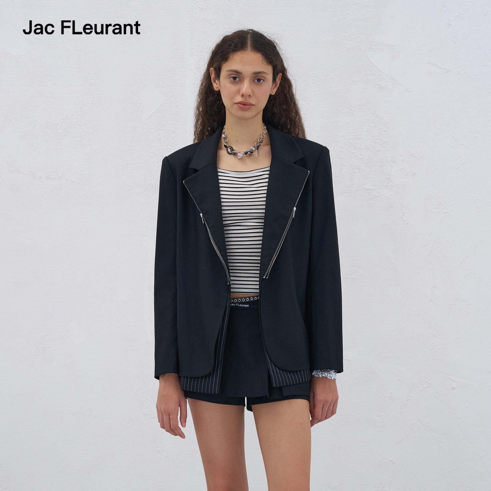 JAC FLEURANT秋冬新品拉链装饰条纹假两件拼接西装外套女士